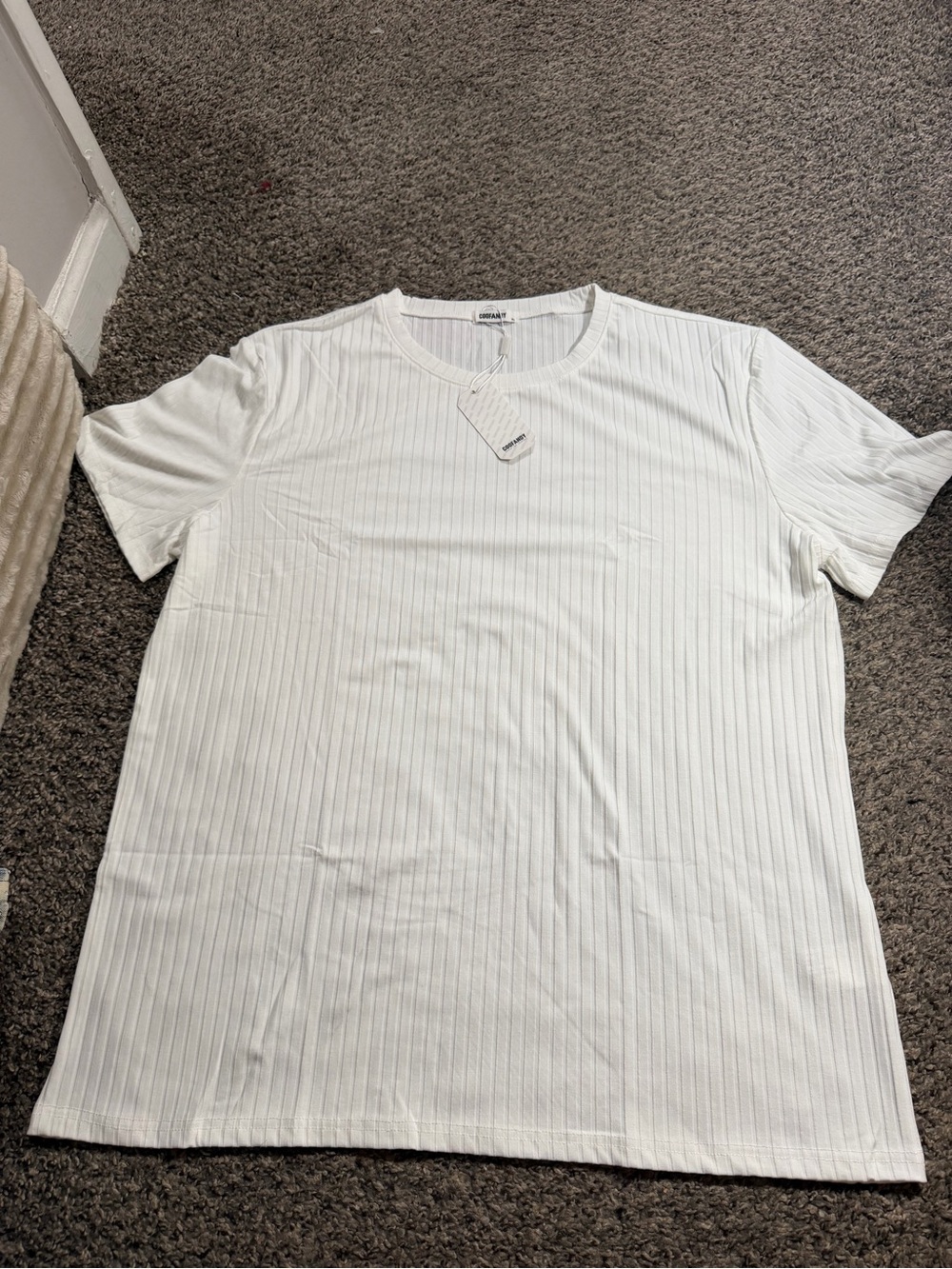 Men's White Ribbed Short-Sleeve Crew T-Shirt
